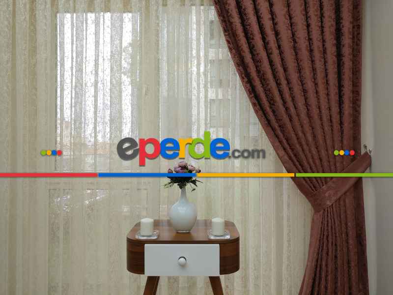 Bakır Duz Jakar Fon Perde (180)- Kiremit Rengi