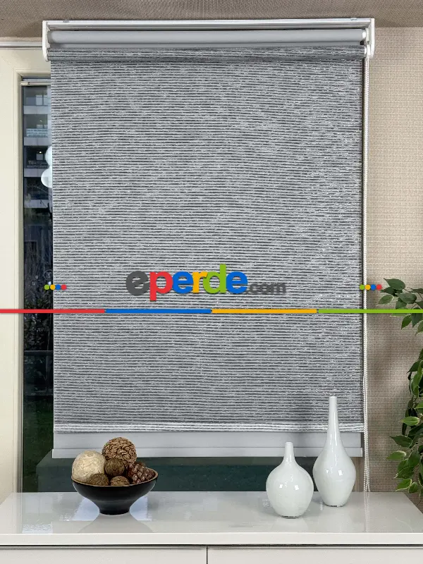 Gri Çiftli Sistem Tül Stor Perde, Standart Metal Kasalı Yüksek Kalite Kornişe Kolay Montaj Seçenekli