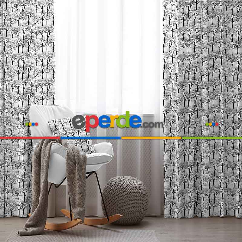 Ağaç Desenli Fon Perde Evim718 Kumaşı Kalındır Duck Bezi Değildir- Mavi-beyaz