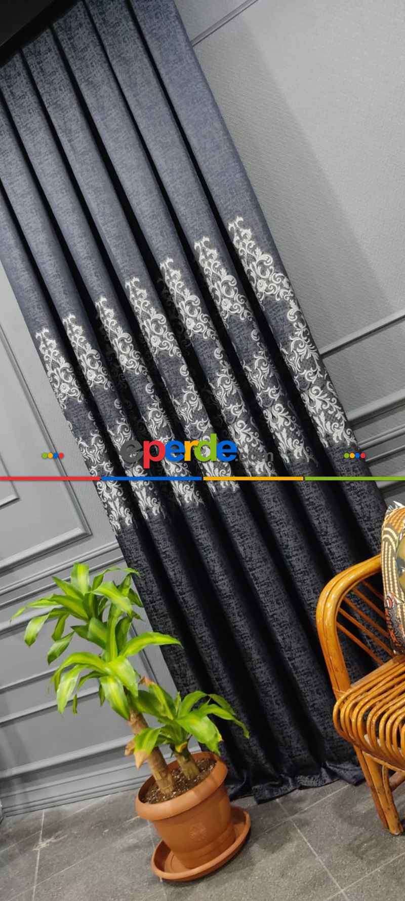 Salon Fon Perde - Lacivert Desenli Fon Perde, Adet Fiyatıdır, İstediğiniz Boy Ölçüsünde Dikilir, Eni 50 İla 100cm Arası Seçenekler, Sık Piledir 100cm X 1cm 