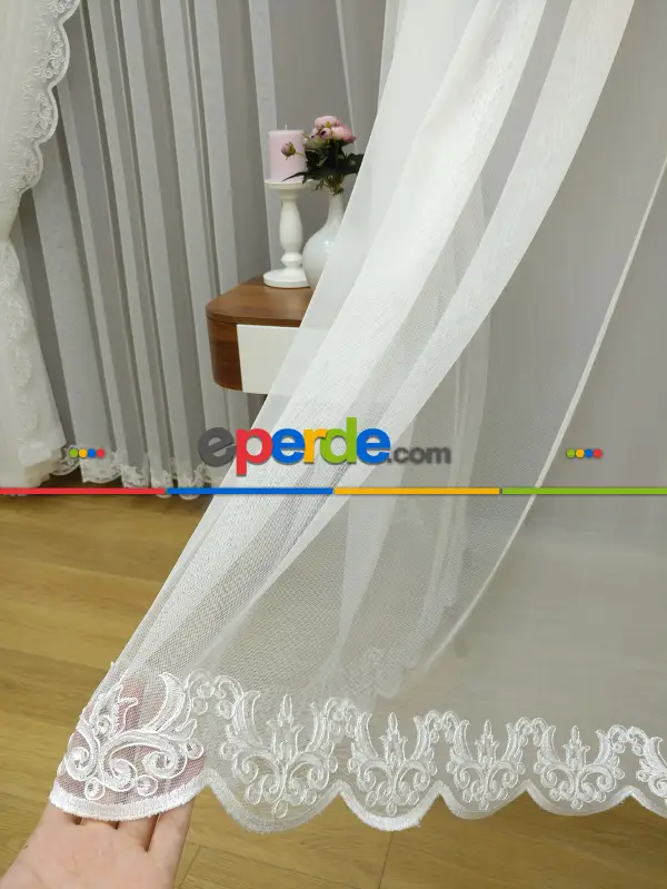 Fansız Dantel Fon Perde Etek Ucu Nakış (güpür ) İşlemeli - 8 (kombin İçin Açıklamayı Okuyunuz)- Ekru
