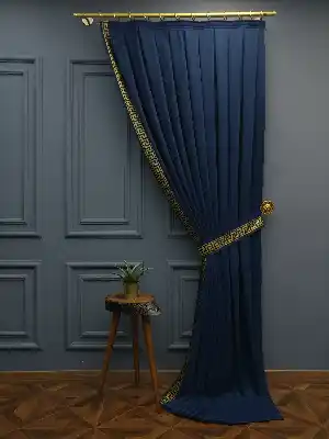 Modern Bordürlü Salon Fon Perdesi İkon 2021 Elıte- Siyah-lacivert-hardal Sarısı