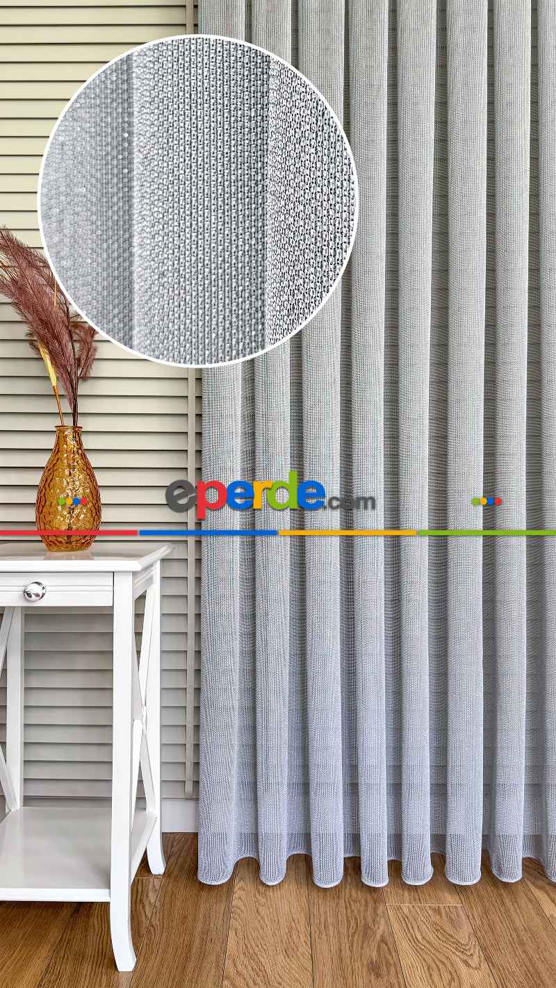 Gri Keten Gümüş Simli Tül Perde - Ağır Gramajlı Premium