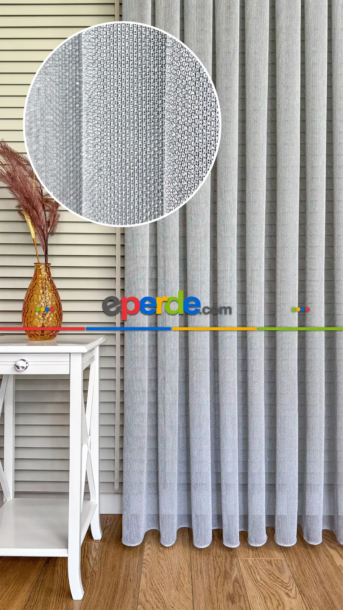Gri Keten Gümüş Simli Tül Perde - Ağır Gramajlı Premium