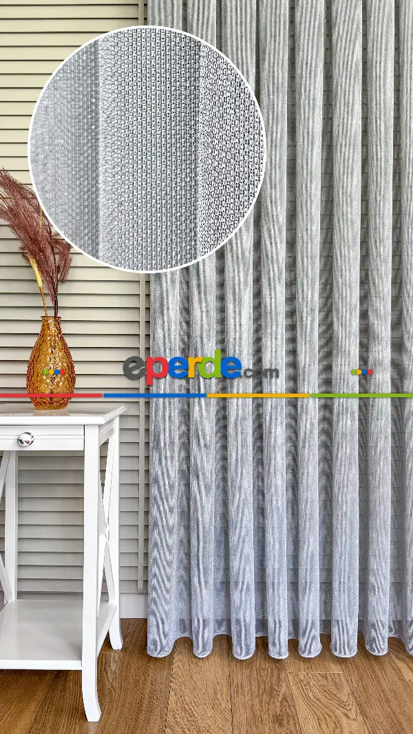Salon - Gri Keten Gümüş Simli Tül Perde - Ağır Gramajlı Premium