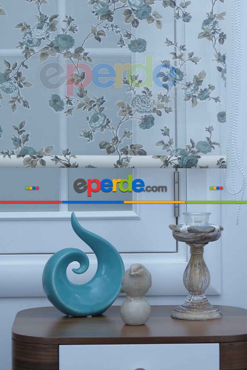 Çiçek Desenli Yakma Tül Çiftli Sistem İkili Perde Turkuaz- Turkuaz