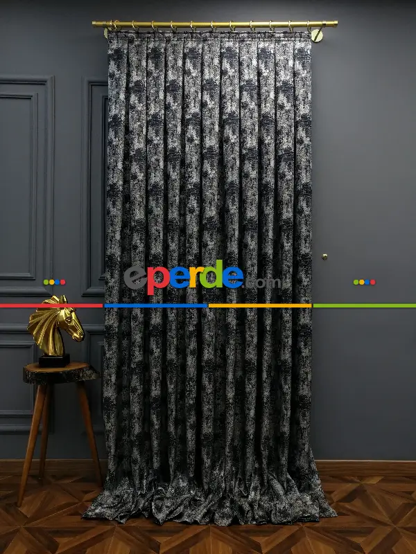 Yatak Odası Fon Patinedesenli Modern Desenli Jakarlı Fon Perde Yeni Seri 401- Lacivert-gri-füme-antrasit-füme