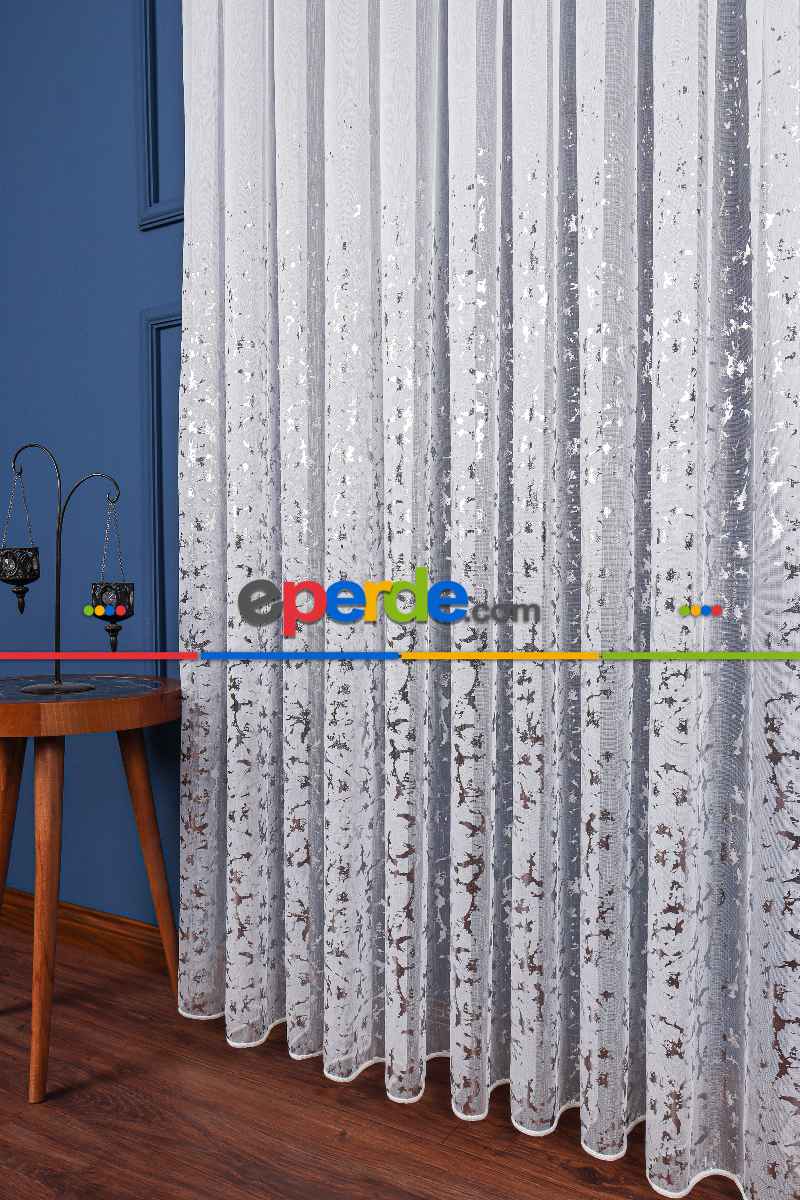 Salon Tül - Cam Kırığı Dijital Baskılı Tül Perde Ekru-gümüş