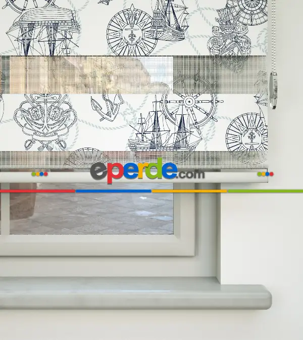 Bebek Odası Zebra Perde - Gemi Baskılı Zebra Perde- Gri-Füme-Antrasit-Beyaz