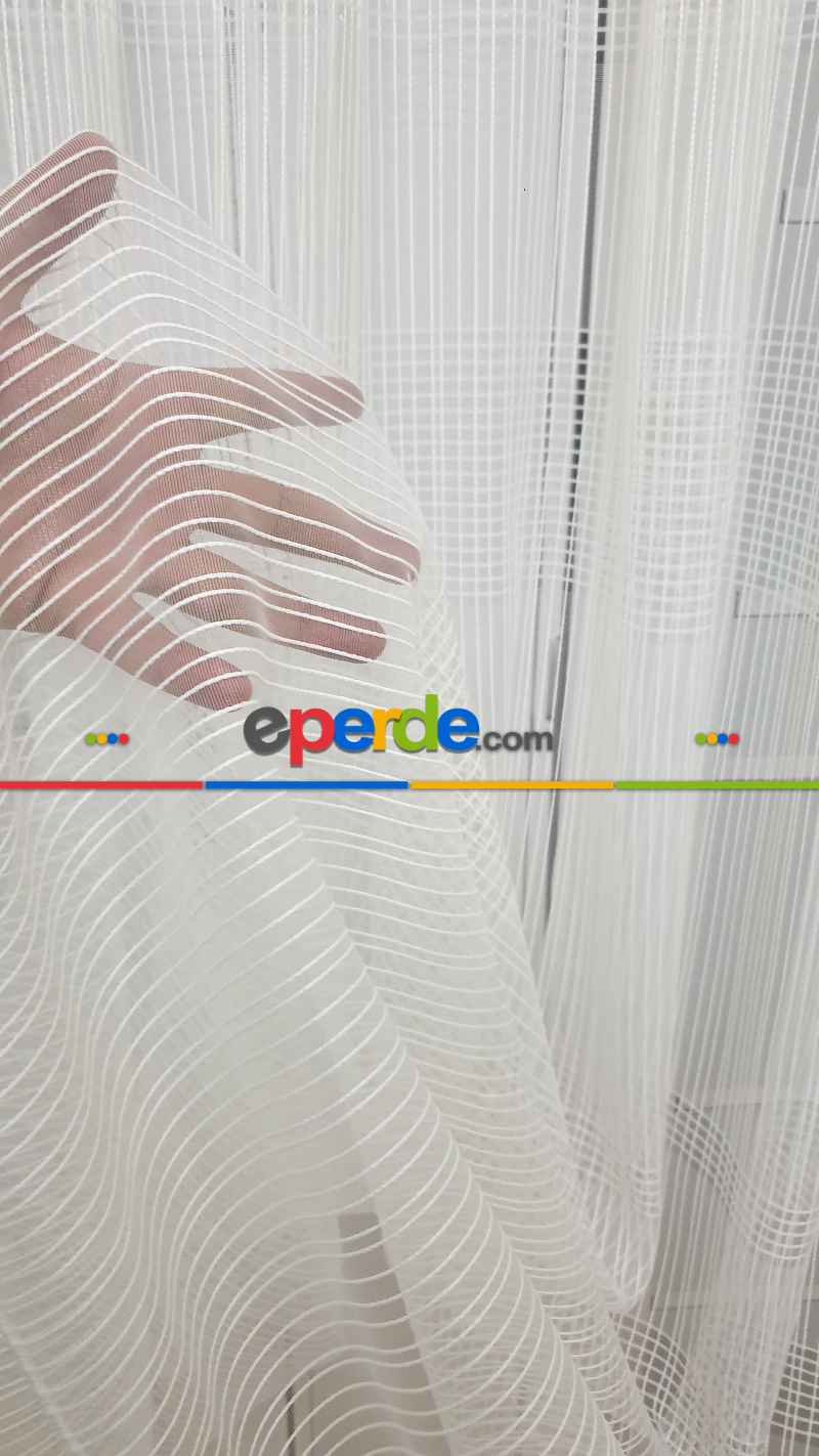 Oturma Odası - Yatay Çizgili Tül Ekose Tül Çizgi Tasarım Yeni Model Sade- Ekru