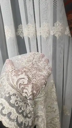 Açelya Keten Tül Perde Sepme Damask Desenli Gold Altın Rengi Nakış İşlemeli Tül