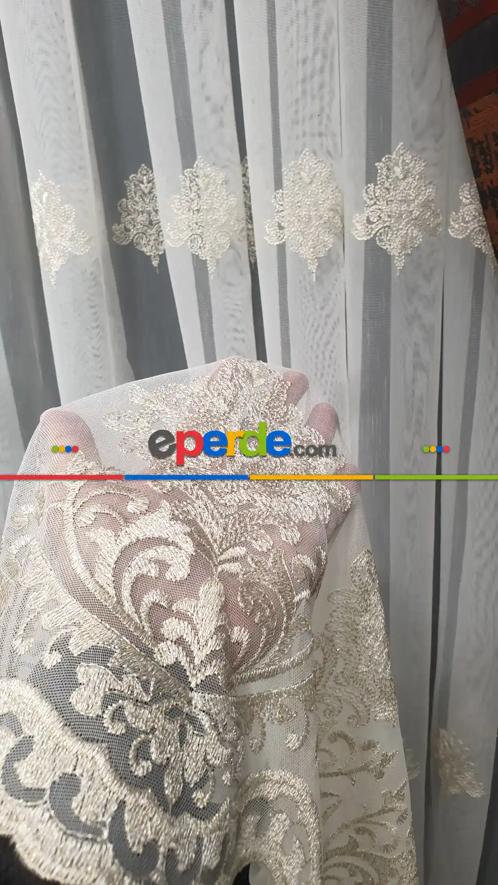 Açelya Keten Tül Perde Sepme Damask Desenli Gold Altın Rengi Nakış İşlemeli Tül