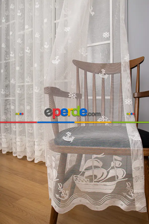 Bebek Odası -  Çocuk Odası Denizci Çapa Desenli Örme Tül Perde