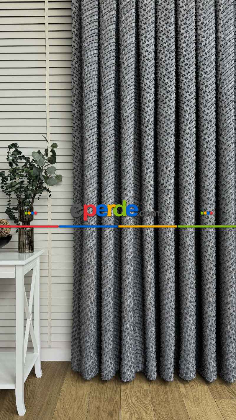 Yatak Odası - Ponponlu Gri Jakar Dokuma, Premium Kalite Serisi Fon Perde