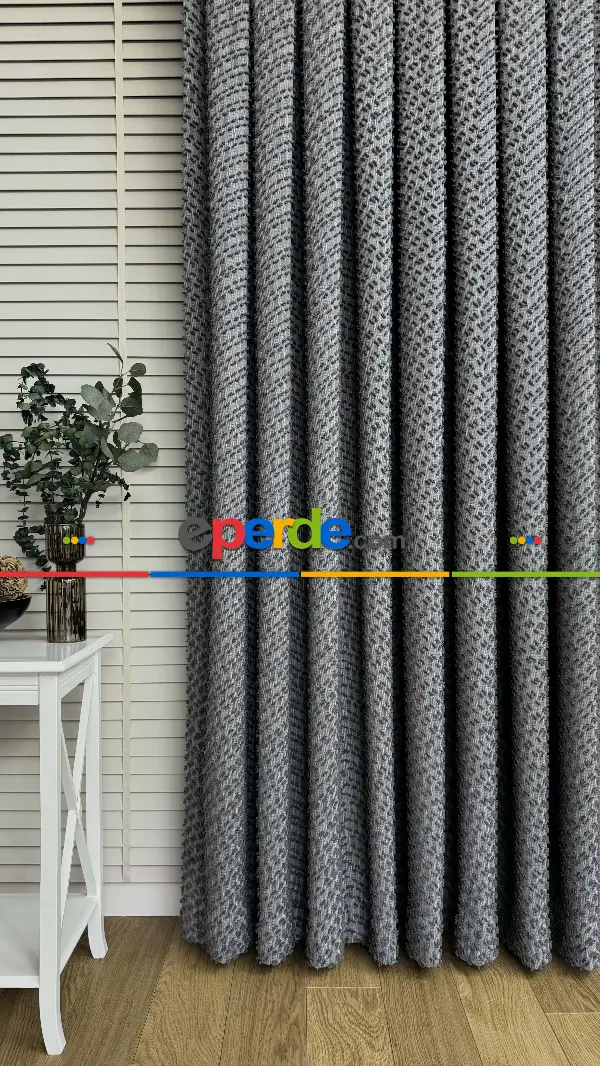 Salon - Ponponlu Gri Jakar Dokuma, Premium Kalite Serisi Fon Perde