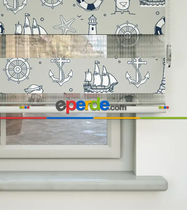 Bebek Odası Zebra Perde - Çapa Desen Baskılı Zebra Perde- Mavi-Beyaz