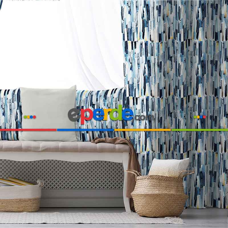 Mavi Desenli Fon Perde Evim218 Kumaşı Kalındır Duck Bezi Değildir- Mavi-beyaz