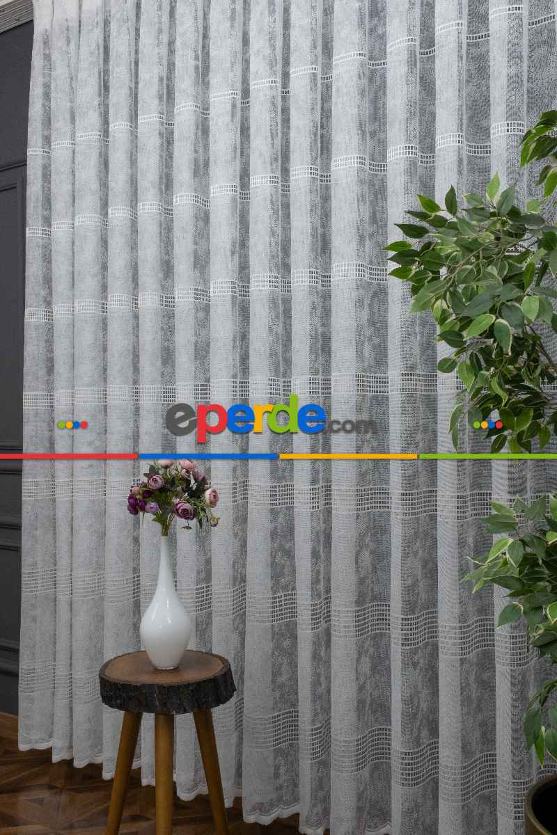 Spor Desen Tül Perde - Karlı Kareli Geometri Desenli - Ekru Açık Krem - Örme Tül