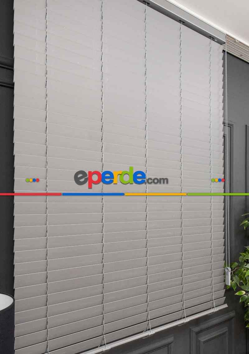 2025 Sezonu - Ahşap Görünümlü 50 Mm - Gri Jaluzi Perde - Alev Almaz - Sudan Etkilenmez