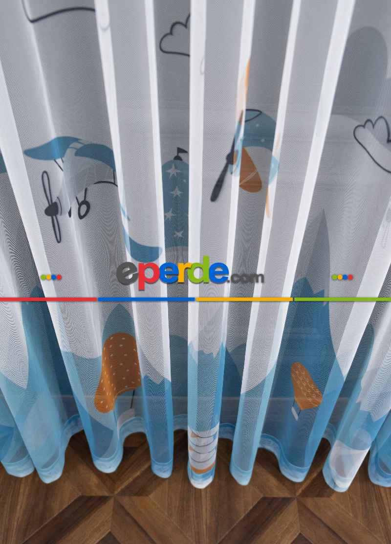 Petek Zemin Mavi Turuncu Renkli Uçan Balon Desenli Grek Baskılı Tül Perde