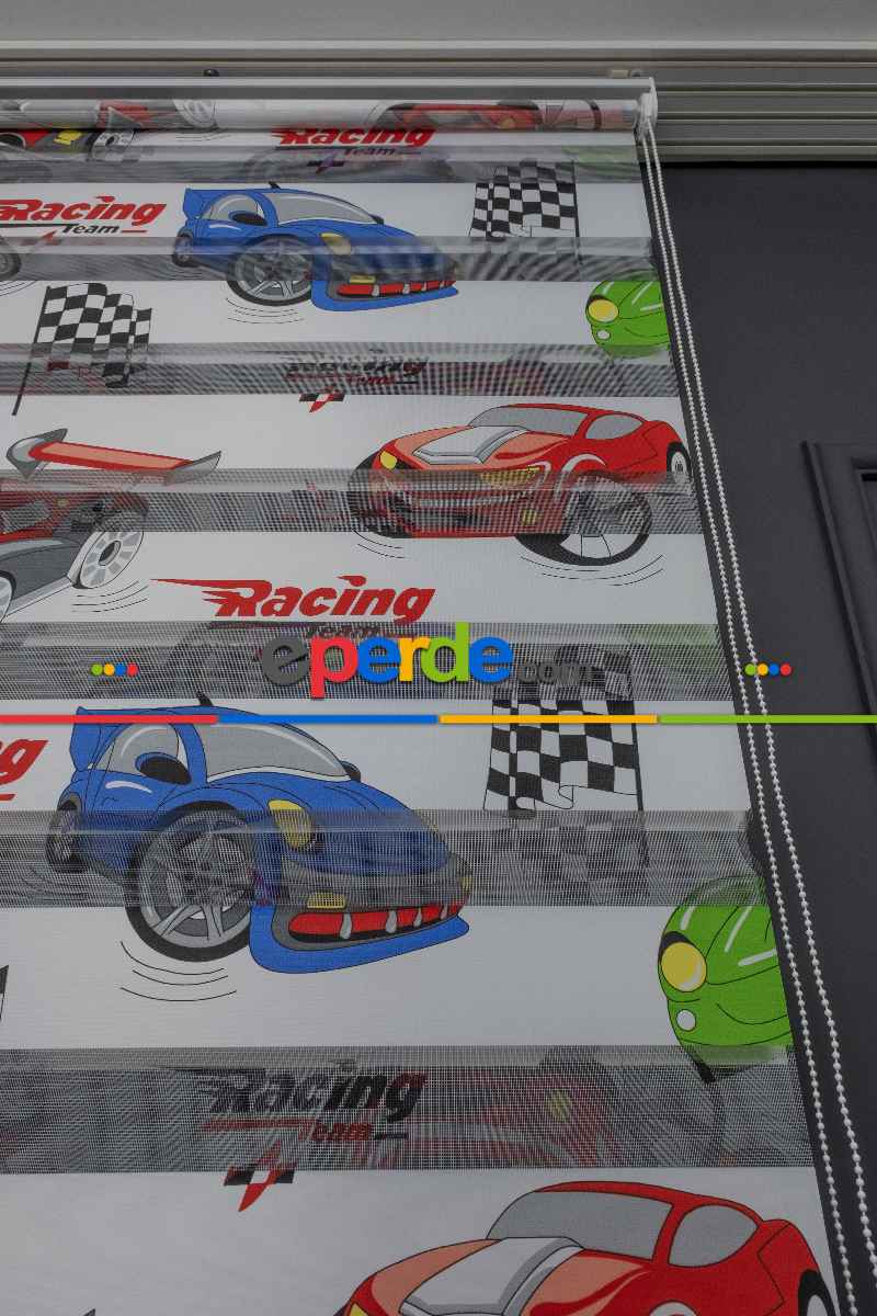 Erkek Çocuk Odası zebra Perde - Dijital Araba Baskılı Zebra Perde - Arabalar Desenli