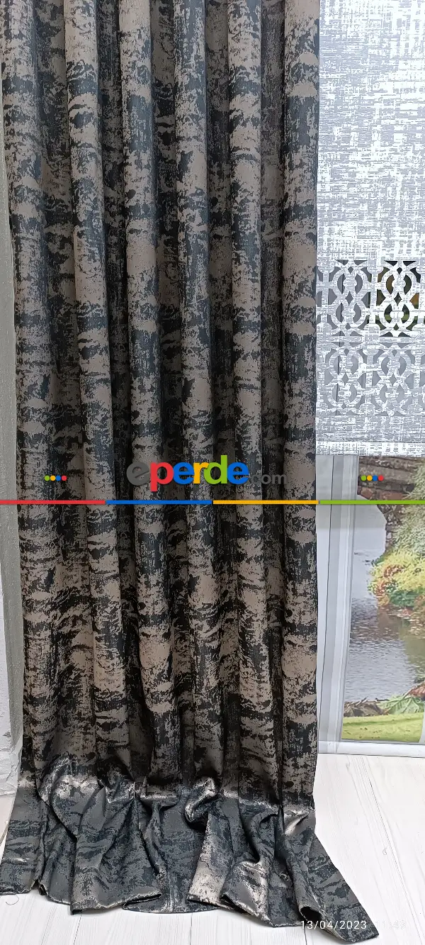 Yatak Odası - 2023 Elit Modern Damask Desenli Fosforlu İplik Dokuma Fon Perde - 3 Bakır-siyah