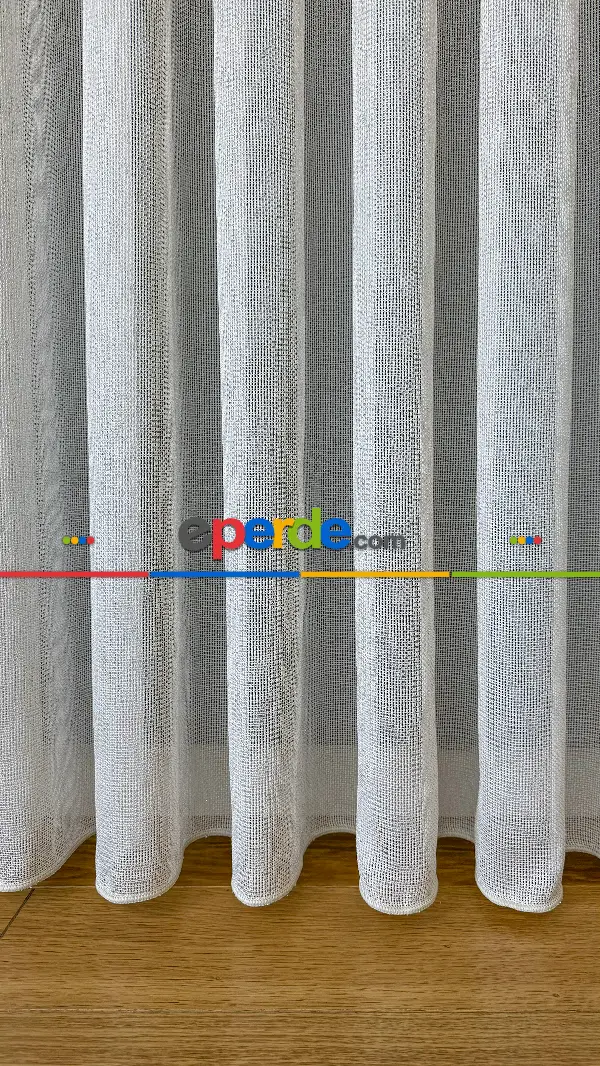 Salon - Ekru Keten Gümüş Simli Tül Perde - Ağır Gramajlı Premium