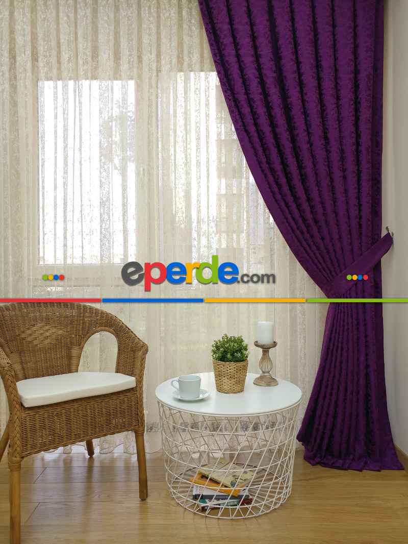 Eflatun Rengi Kendinden Desenli Jakar Fon Perde (285 En)- Eflatun