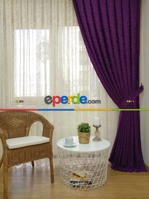 Eflatun Rengi Kendinden Desenli Jakar Fon Perde (285 En)- Eflatun