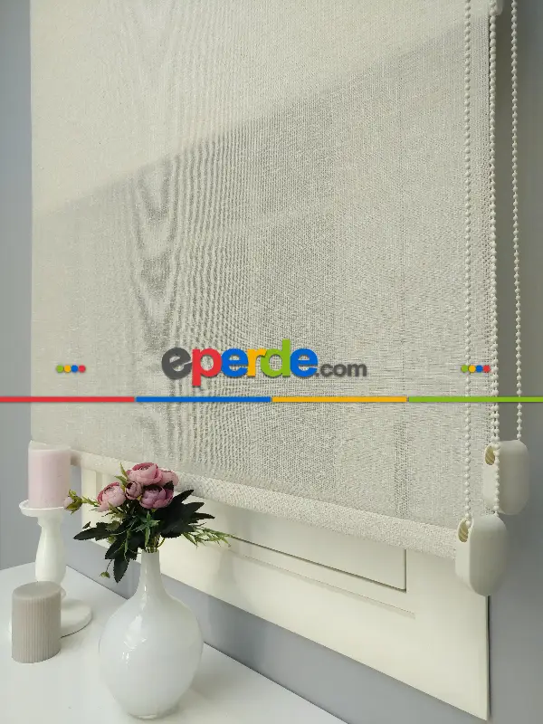 Çiftli Sistem Naturel Keten Tül Stor- Krem Koyu