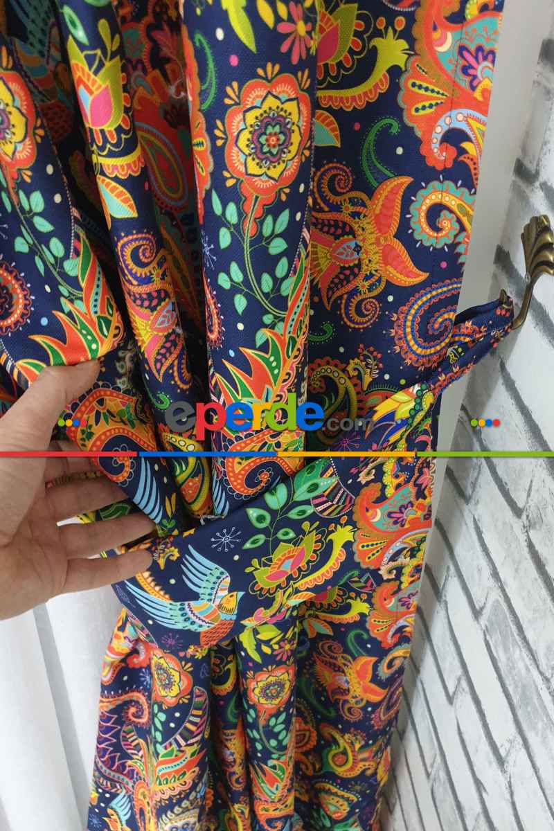 Etnik Desenli Fon Perde Evm452 _e - Kumaşı Kalındır Duck Bezi Değildir.- Lacivert-Mavi-Sarı-Kahve-Çok Renkli