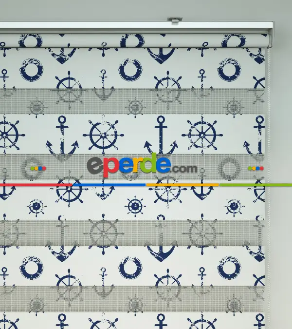 Çapa Baskılı Zebra Perde- Mavi-beyaz