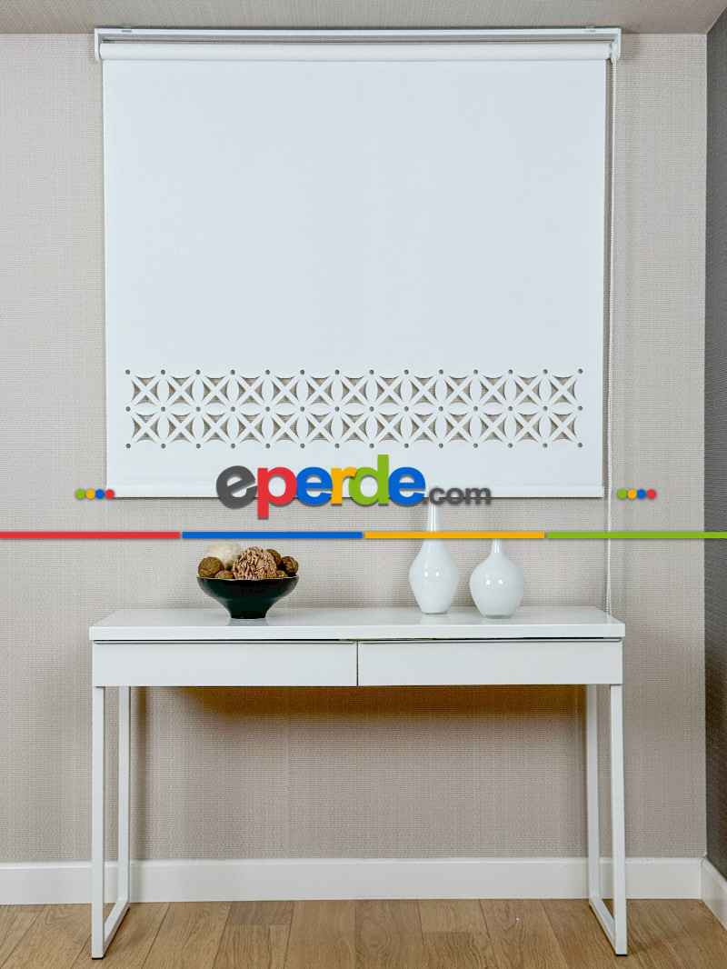 Ekru Lazer Kesimli Stor Perde ( Lazer Kesim Fiyata Dahildir) Metal Kasalı - Yüksek Kalite - Kornişe Kolay Montaj Seçenekli