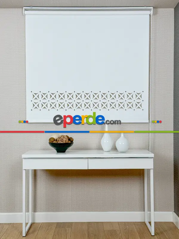 Ekru Lazer Kesimli Stor Perde ( Lazer Kesim Fiyata Dahildir) Metal Kasalı - Yüksek Kalite - Kornişe Kolay Montaj Seçenekli