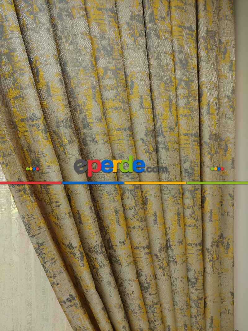 Bej Hardal Desenli Jakar Fon Perde (180)- Hardal Sarısı