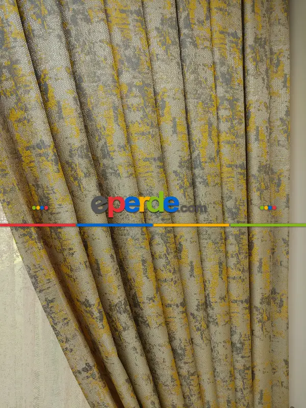 Yatak Odası - Patinedesenli Hardal Desenli Jakar Fon Perde (180)- Hardal Sarısı