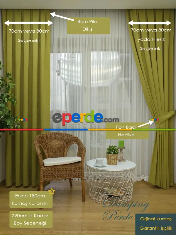 Fıstık Yeşil Düz Fon Perde 180cm En- Fıstık Yeşili