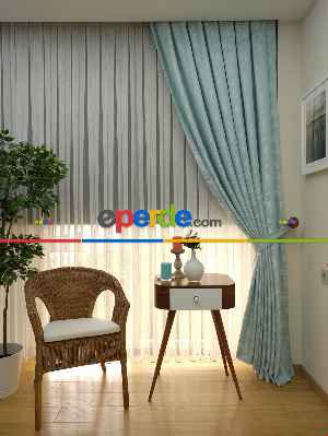 Açık Mavi Renk Jakar Desenli Fon Perde- Mavi Açık-mavi Doymamış