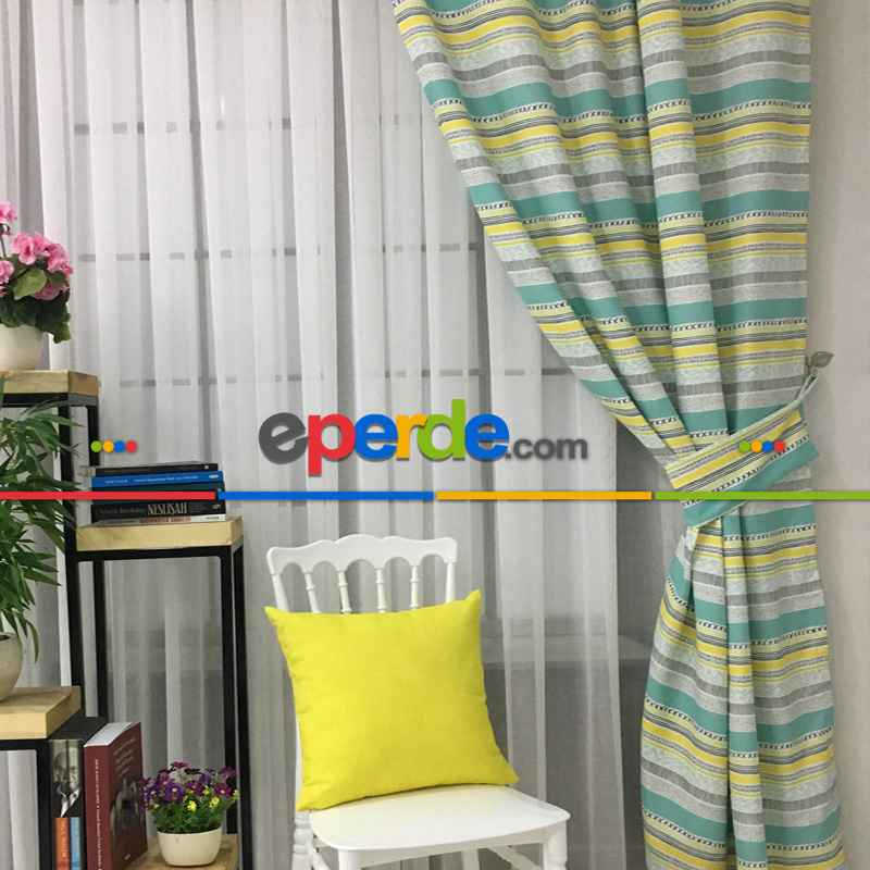 Çocuk Odası Desenli Fon Perde Kumaşı Kalındır Duck Bezi Değildir- Sarı-Beyaz-Mavi Açık