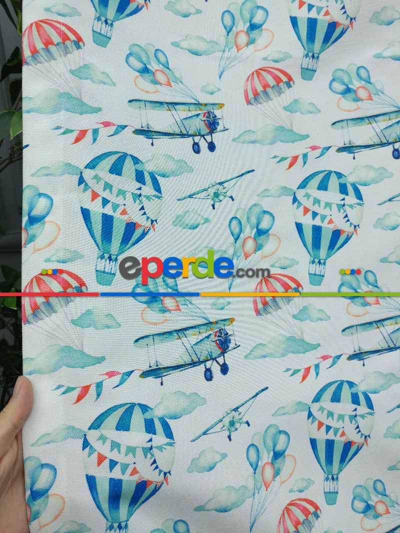 Bebek Odası Fon - Uçak Desenli Fon Perde K679 Kumaşı Kalındır Duck Bezi Değildir.- Mavi