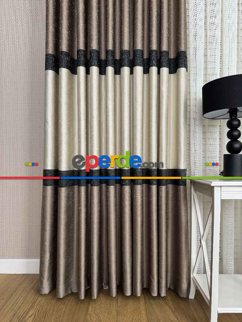 Salon - Kahveregi Krem Siyah Jakar Dokuma Fon Perde, Parlak Zemin