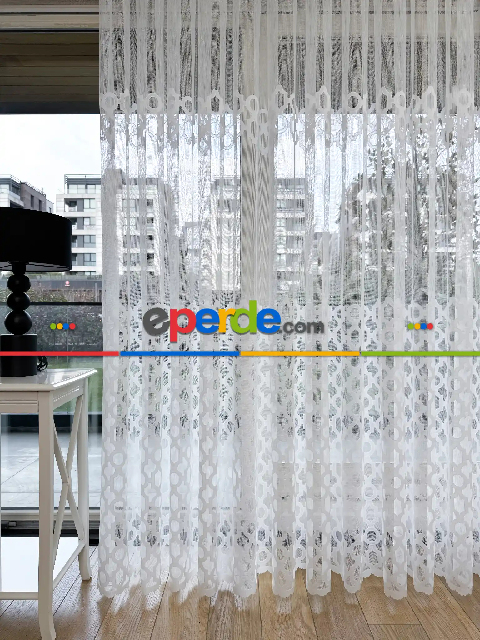 Salon - Desenli Fransız Dantel Örme Tül Perde, Desenli Ütü İstemeyen Tül