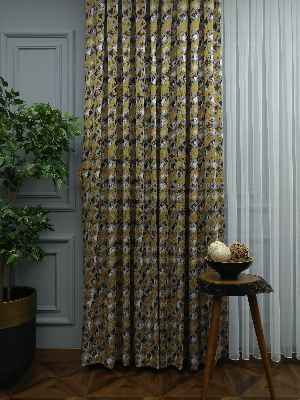 Salon Perdesi - Sarı Desenli Jakar Fon Perde (285 En)- Sarı