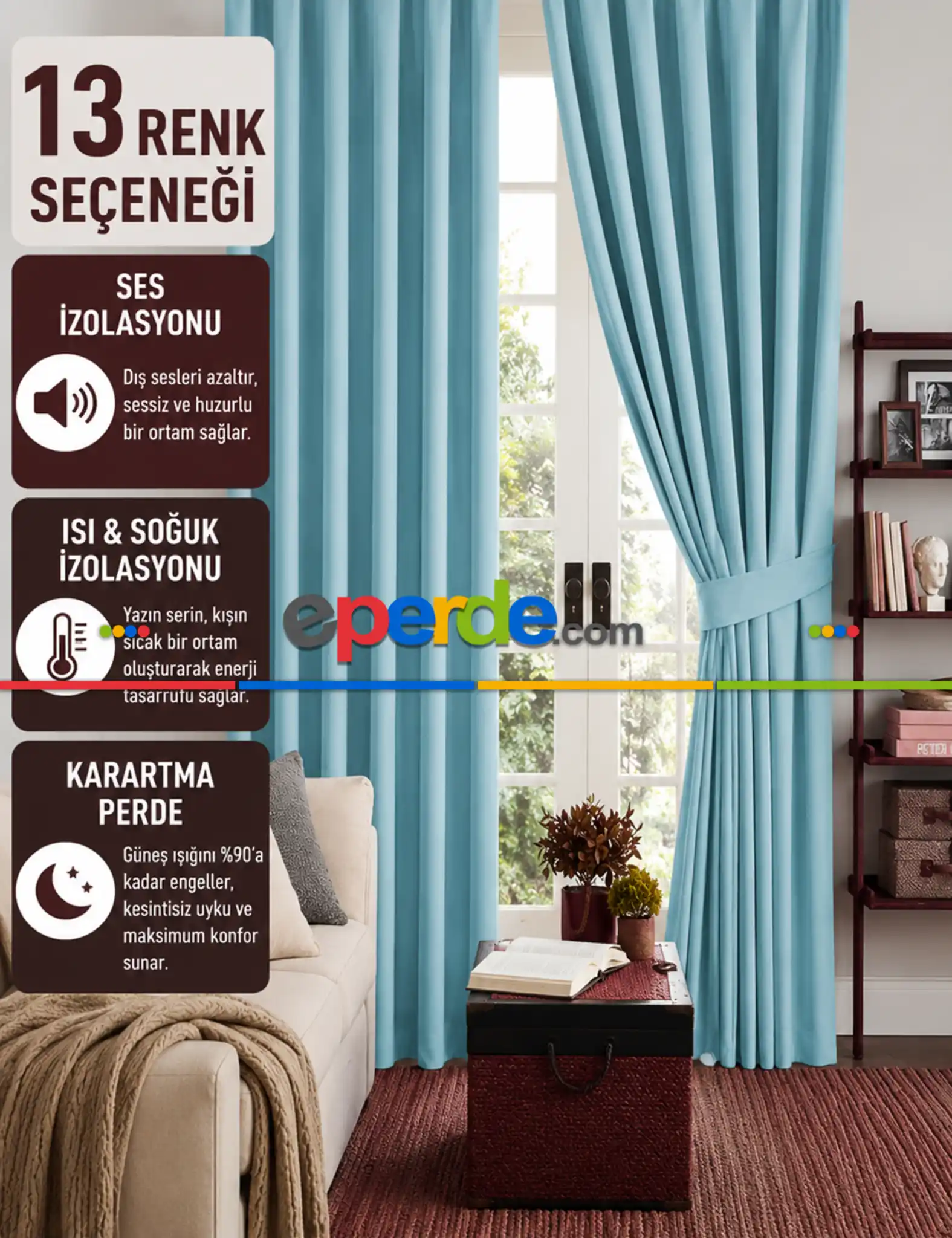 Açık Mavi Renk Karartma Blackout Güneşlik Fon Kalın Perde