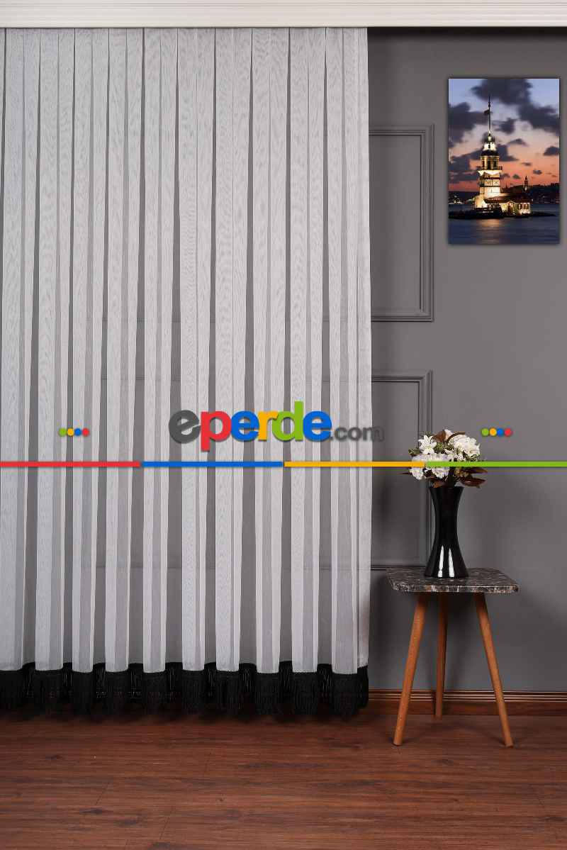 Yeni Trend Eteği Siyah Saçaklı Keten Tül Perde