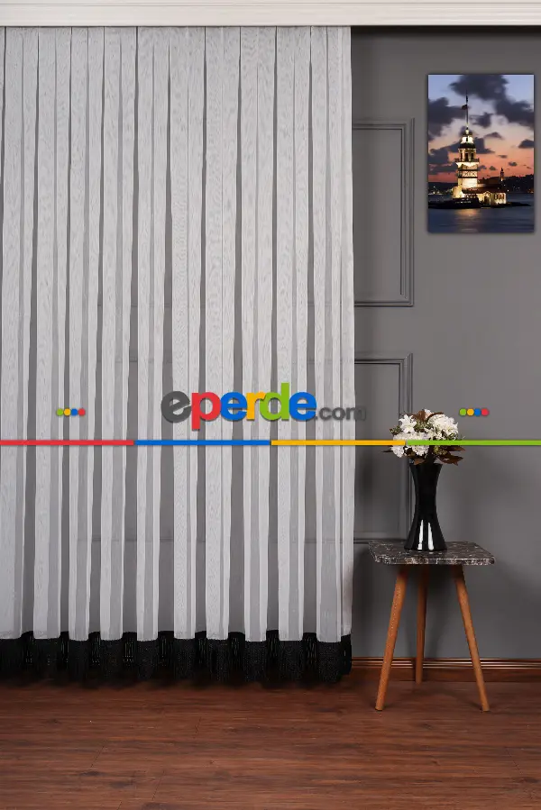 Yeni Trend Eteği Siyah Saçaklı Keten Tül Perde