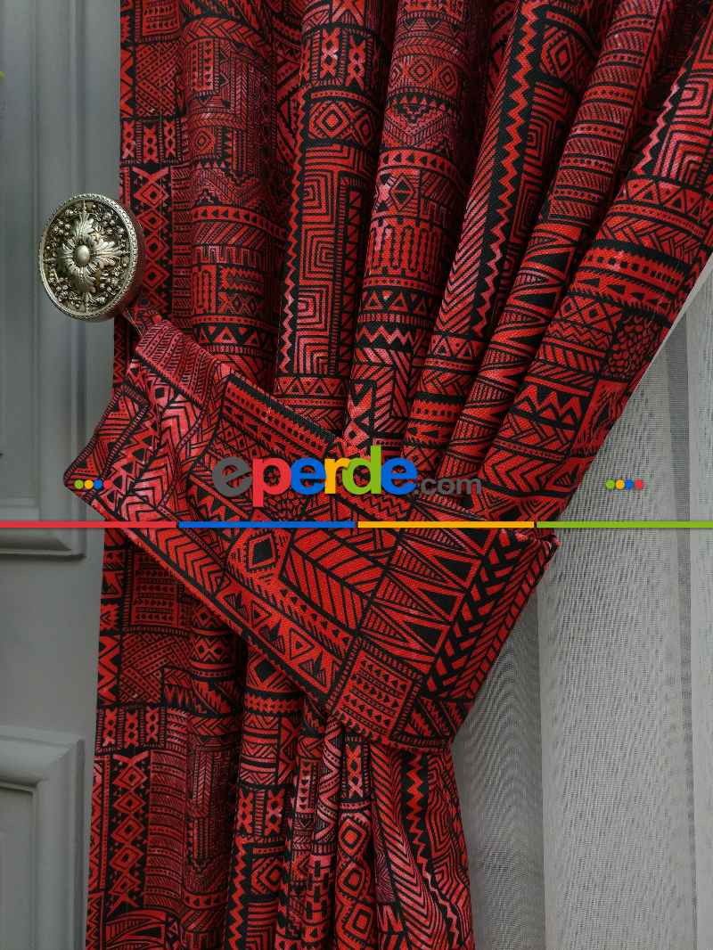 Kırmızı Geometrik Desenli Fon Perde Evm708 Kumaşı Kalındır Duck Bezi Değildir- Kırmızı Koyu