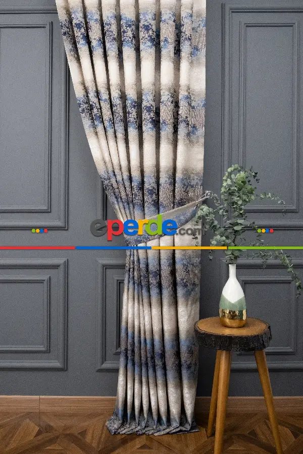 Patinedesenli Gökkuşağı Desen Koyu Lacivert Bej Jakar Fon Perde