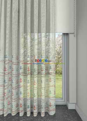 Hazır Ölçülü Çocuk Odası Tül - Kırmızı Lacivert Çapa Ve Halat Desenli Keten Zemin Baskılı Tül Perde