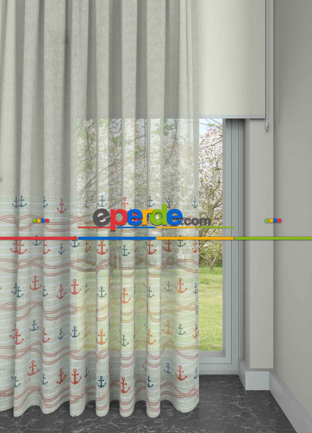 Hazır Ölçülü Çocuk Odası Tül - Kırmızı Lacivert Çapa Ve Halat Desenli Keten Zemin Baskılı Tül Perde